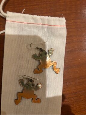 Handmade Frog Drop Earrings - Green and Gold